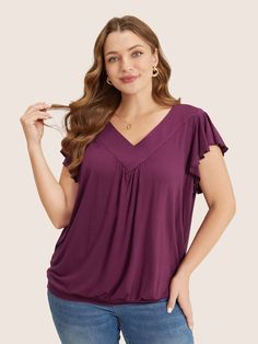 Plain Gathered V Neck Ruffle Sleeve T-shirt Womens Trendy Tops, Neck Ruffle, Womens Clothing Sizes, Sleeve Detail, Blouse Dress, Cap Sleeves, Dress Clothes For Women, Plus Size Outfits, Types Of Sleeves