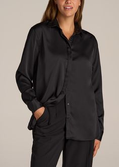 American-Tall-Women-Relaxed-Button-Up-Blouse-Black-front Party Cooler, Scrubs Dress, Satin Bluse, Wide Leg Dress Pants, Extra Long Sleeves, Tall Women, Clothing Care, Perfect Woman, Suit Shop