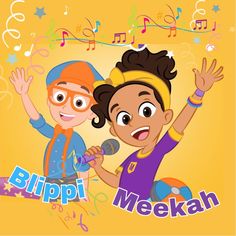 two children singing into a microphone with musical notes behind them and the words blippi mekah