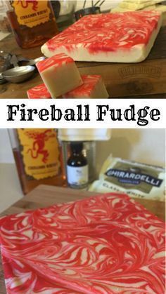 two pictures side by side one shows a fireball fudge and the other shows a cake with white frosting on it