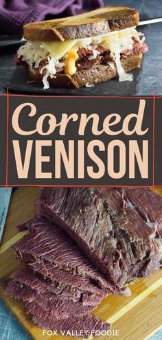 corned venison on a cutting board with the title