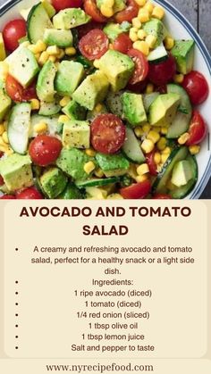 a salad with avocado and tomatoes on it is shown in the middle of this recipe