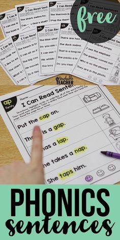 the phonics sentence worksheet is shown with hand pointing at it