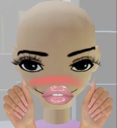 an animated woman with her hands on her face and eyes open to show the lips