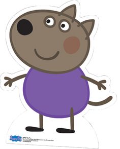 a cartoon dog wearing a purple shirt and standing up with his hands in the air