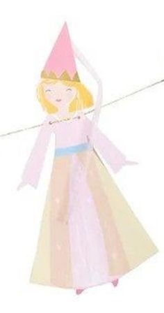 a paper doll with a pink hat and long dress holding a string in her hand