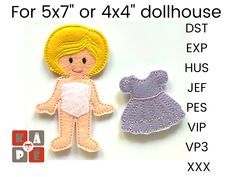 two felt dolls are next to each other on a white background with the words for 5x7 or 4x4 dollhouse dst exp