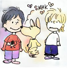 a drawing of two children with the words smak written on their face and one holding a dog's paw