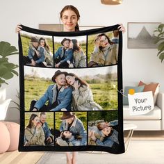 a woman holding up a blanket with four photos on it and the words your picture