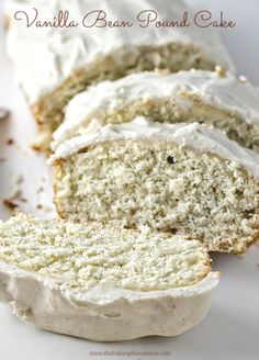 a loaf of vanilla bean pound cake with frosting