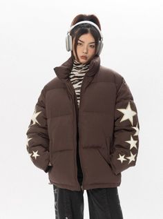 Look out of this world in our Star Puffer Jacket! Featuring an eye-catching pattern of stars across the sleeve, our coat will keep you warm and stylish all season long. Model is 5'4 115lbs wearing M Star Puffer Jacket, Puffer Jacket Aesthetic, Reference Clothes, Star Jacket, Game Protagonist, Outer Wear, Oversized Denim Jacket, Oversized Jacket, Warm Jacket