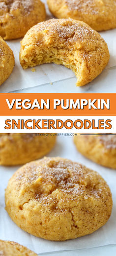 vegan pumpkin spicerdoodle cookies on a baking sheet with text overlay