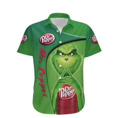 The Grinch Dr Pepper Hawaiian Shirt is the perfect blend of festive cheer and tropical vibes. Made from high-quality materials, Casual Green Christmas Shirt, Casual Green Holiday Shirt, Casual Green Shirt For Holiday, Casual Green Holiday Tops, Casual Green Top For Holiday, Holiday Short Sleeve Printed Top, Casual Cotton Holiday Shirt, Casual Cotton Shirt For Holidays, Casual Holiday Shirt With Graphic Print