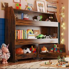 a child's room with toys and bookshelves on the floor in front of it