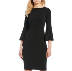 Calvin Klein Smoke Black 3/4 Bell Sleeve Boat Neck Sheath Cocktail Dress Size: 10 Color: Smoke Black Features: -3/4 Bell Sleeves -Boat Neck -Back Zip Closure -Sheath Silhouette Pit To Pit: 18" Length: 36" Offers Are Always Welcome. Bundle To Save On Shipping. B152 Ruffle Dress Long Sleeve, Calvin Klein Blue Dress, Ruffle Dress Long, White Calvin Klein, Black Ruffle Dress, Fashion Dresses Online, Grad Dresses, Midi Sheath Dress, Black Sheath Dress