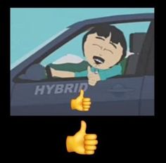 a person giving the thumbs up sign in a car, with text that reads hybri