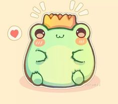 a green frog with a crown on its head and eyes, sitting in front of a heart