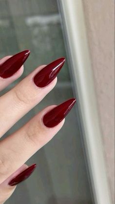 Dark Red Gel X Nails, Nail Red Cherry, Red Nail Art Aesthetic, Dark Cherry Almond Nails, Burgundy Pointy Nails, Old Fashion Nails, Acrylic Nails Ideas Dark, Cherry Red Nails Aesthetic, Nail Inspo Cherry Red