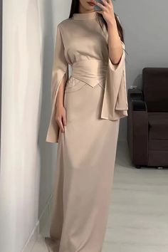 Elegant solid color split half high neck waist skirt for evening dress Civil Ceremony Dress, Ceremony Dress, Civil Ceremony, Elegant Pattern, Sleeved Dress, Dress Satin, Modest Fashion Outfits, Collar Designs, Waist Dress