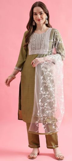 Green color Salwar Kameez in Blended, Silk fabric with Embroidered, Sequence work Salwar Kameez Online, Sequence Work, Indian Suits, Salwar Kameez Designs, Wear Green, Hip Dress, Pants Straight, Embroidered Silk, Waist Dress