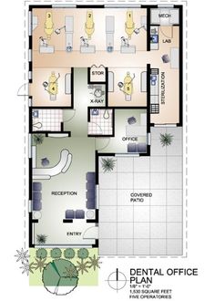 the floor plan for a dental office with three rooms and two bathrooms, including one bedroom