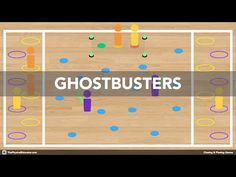 a video game with the words ghostbusters in front of an overhead view of a basketball court