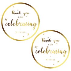 thank you for celebrating with us stickers in gold foil on a white background, set of 2