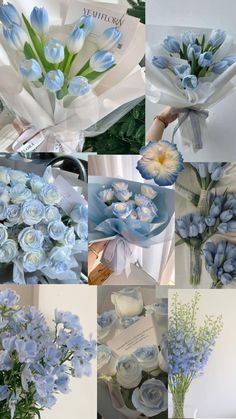 a collage of blue and white flowers