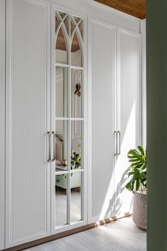 a large white closet with many doors and mirrors on the door, next to a potted plant