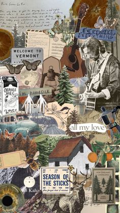 a collage of many different things with words and pictures on them, including an image of a man playing the guitar