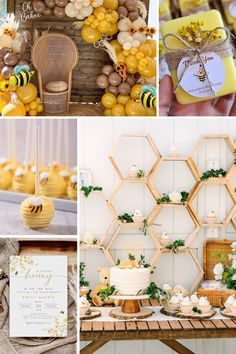 Collage of photos of ideas for a honey bee baby shower theme. Honey bee baby shower cake pops, invitations, decorations and party favor ideas. Bee Party Ideas, Bee Themed Birthday, Bee Party Favors, Bee Themed Birthday Party, Honey Bee Baby Shower, Bee Theme Party, Bee Wedding, Bee Birthday Party