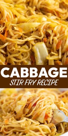 cabbage stir fry recipe in a white bowl with the title above it that reads cabbage stir fry recipe