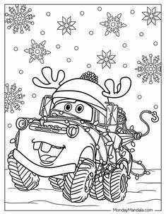 coloring pages for cars and trucks with snowflakes on the ground in the background