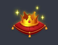 a golden crown on top of a red pillow with stars in the sky above it