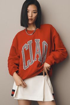 Cotton, polyester Pullover styling Machine wash Imported | Ciao Oversized Sweatshirt by Anthropologie in Red, Women's, Size: XS, Polyester/Cotton Preppy Sports, Graphics Artwork, Funnel Neck Sweatshirt, Pocket Sweatpants, Ugg Classic Mini, Striped Beanies, Fall 24, Red Fits, New Today