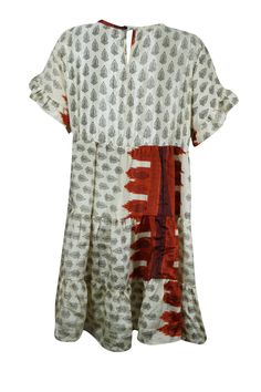 Make waves in style this summer with this beautiful white and red block print dress. Crafted from recycled silk, the beach boho dress is the perfect sophisticated, tasteful addition to your summer wardrobe. Its elegant design will make you feel like a masterpiece and its lightweight fabric will keep you cool in the hot summer months. Recycle Sari Printed Boho Dress features a unique flowy tiered pattern perfect for any occasion. Boasting a modest neckline and sleeve length, this comfortable piec White Block Print Beach Dress, Red Batik Print Beach Dress, Red Abstract Print Summer Dress, Summer Block Print Beach Cover-up Dress, V-neck Block Print Dress For Beach Cover-up, Modest Neckline, Boho Beach Dress, Short Summer Dresses, White Silk