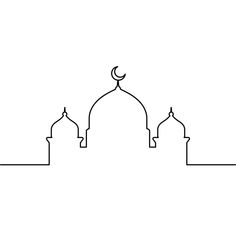 a line drawing of a mosque with two minas on each side and a crescent at the top