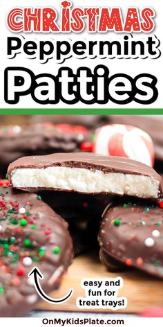 chocolate peppermint patties with white and green sprinkles on top