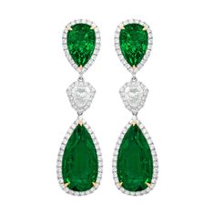 Pear shaped emerald diamond drop earrings with two GIA certified em (29.50em) and two emeralds all surrounded by micropave white round diamonds(4.60ct) Emerald Green Jewelry, Emerald Diamond Earrings, Emerald Earrings Drop, White Gold Diamond Earrings, Vintage Drop Earrings, Emerald Green Earrings, Diamond Cluster Earrings, Bling Earrings, Platinum Earrings