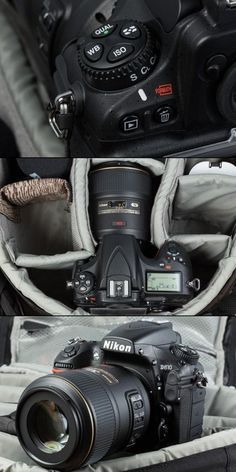 two different shots of the same camera, one with its lens in it's bag