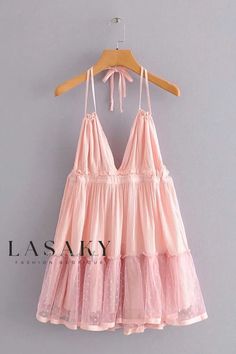 Lasaky - Bohemian Strappy Halter Maxi Dress with Mesh Panel and Tie-Back V-Neck Jumpsuit - Perfect for a Beach Vacation Womens Polka Dot Dress, Beach Dresses Short, Boho Beach Dress, Boho Mini Dress, Backless Mini Dress, Evening Dresses Elegant, Halter Maxi Dresses, Pink Beige, Types Of Skirts