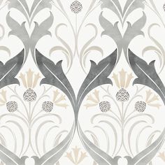 an artistic wallpaper design in grey and white with floral designs on the back ground