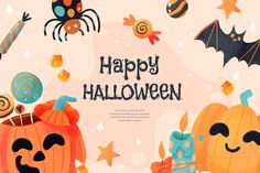 a happy halloween background with pumpkins, bats and spider webpage banner or landing page