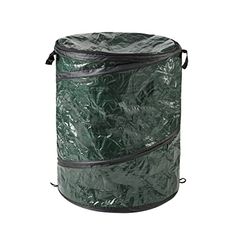 a green trash can sitting on top of a white floor next to a black handle