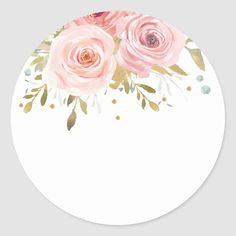 watercolor pink roses on white round stickers with gold foil dots and greenery