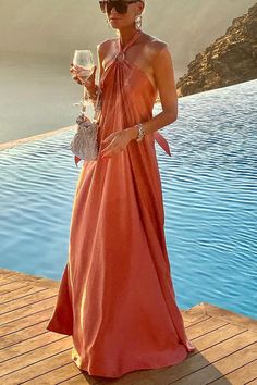 Classy and Fabulous Satin Halter Backless Maxi Dress Vestidos Halter, Halter Neck Maxi Dress, Long Beach Dress, Casual Tie, Long Dress Casual, Backless Maxi Dresses, Straight Dress, Silk Maxi Dress, Classy And Fabulous