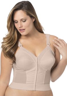 This is a national brand item. Please see details when ordering to confirm inclusion in any deal or offer. Fully® bras by Exquisite Form® are specially designed for a fuller, heavier bust. This front-hook longline bra with soft, full cups assures great comfort and support. Made with mesh sides for extra breathability. Moderate Lift: wireless cups offer dependable, everyday support and a flattering shape Adjustable straps with cushioned, slip-on padsCenter front: 10-10.5" lengthPoly/cotton/nylon/spandex, importedHand wash | Plus Size Women's Front-Close Wireless Longline Posture Bra by Exquisite Form in Beige (Size 40 D) Posture Bra, Bra Sewing, Lingerie Drawer, Longline Bra, Trendy Fall Outfits, Full Coverage Bra, Plus Size Bra, Sock Patterns, Swimsuits For All