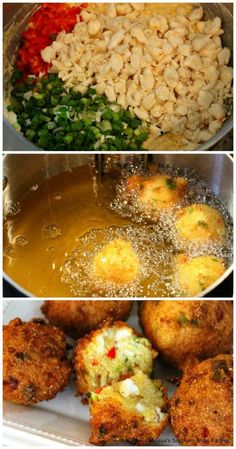 four different pictures of food including rice, meatballs and veggies in bowls