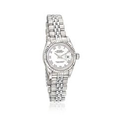 Pre-Owned Rolex Datejust Women's 26mm Automatic Stainless Steel, 18kt White Gold Watch. C. 2003. Experience the renowned luxury of a pre-owned Rolex with this Datejust women's watch. The timepiece features Swiss automatic movement, synthetic sapphire crystal, 26mm case, white dial with Roman numeral markers, 18kt white gold bezel, and stainless steel crown and jubilee bracelet that finishes with a foldover clasp. Water-resistant up to 100M. Pre-owned Rolex stainless steel and 18kt white gold wat Rolex Silver Woman, Luxury White Gold Watch With Jubilee Bracelet, Silver Formal Watch Bands, Silver Watch Bands For Formal Occasions, Formal Silver Watch Bands, Classic Watch Bands With Polished Finish, Rolex Datejust Women, White Gold Watch, Watch Women's