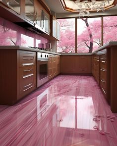 a kitchen with pink flooring and cabinets in the background, trees are seen through large windows